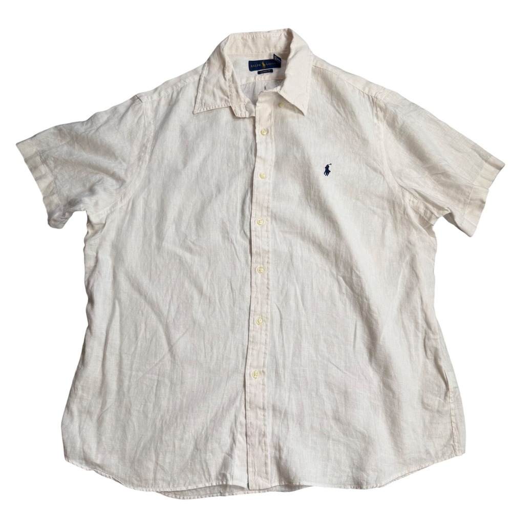 Ralph Lauren Mens Classic Fit White 100% Linen Short Sleeve Button Down Shirt XL